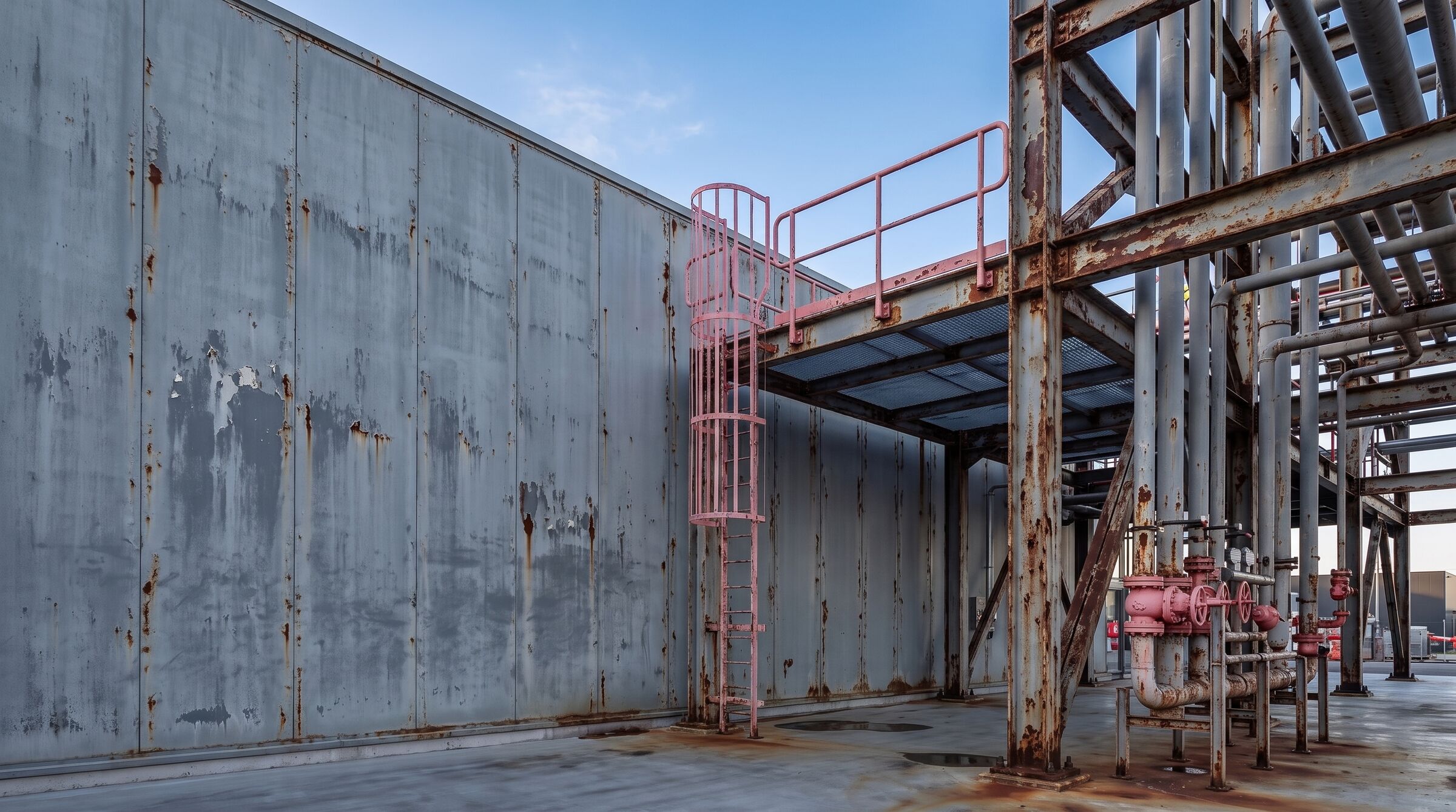 Industrial structure before repainting, with rusted steel and faded panels